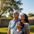 A joyful family wearing Stranded design eclipse glasses in their sunny backyard, looking up with wonder. Ideal for August 12, 2026.
