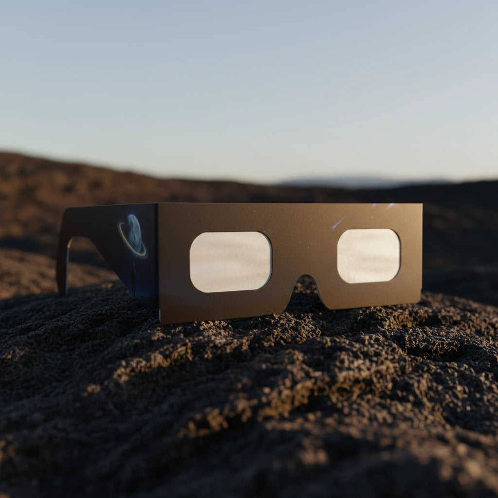 Elegant showcase of Stranded design solar eclipse glasses on textured volcanic rock, perfect for safe viewing. CE certified.