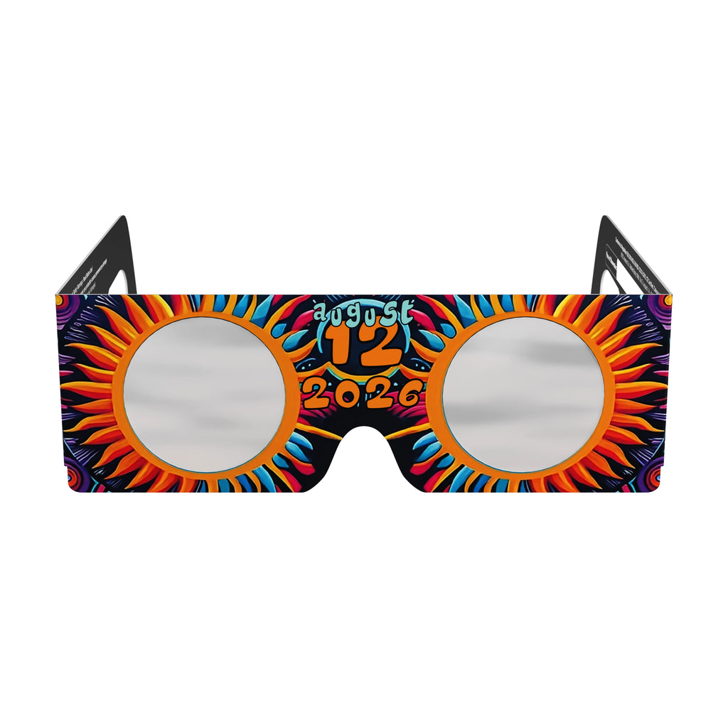 Front view of Sunburst solar eclipse glasses, showcasing the flat lenses and design. ISO 12312-2 certified for safety.