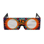 Front view of Sunburst solar eclipse glasses, showcasing the flat lenses and design. ISO 12312-2 certified for safety.