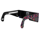 Back-side angle of Sunburst glasses with QR sticker visible, emphasizing the design and flat lenses.