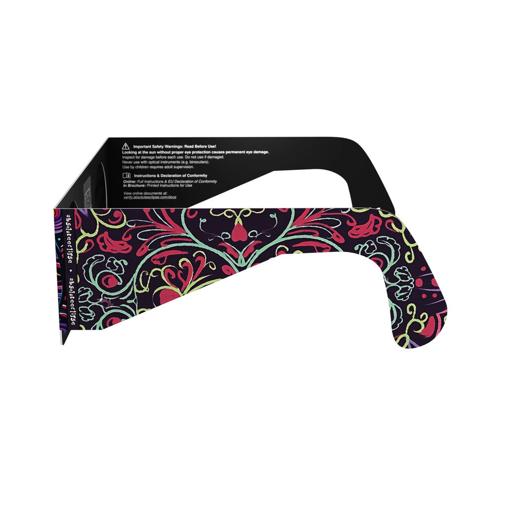 Side alternate profile view of Sunburst solar eclipse glasses, displaying the flat lenses and design.