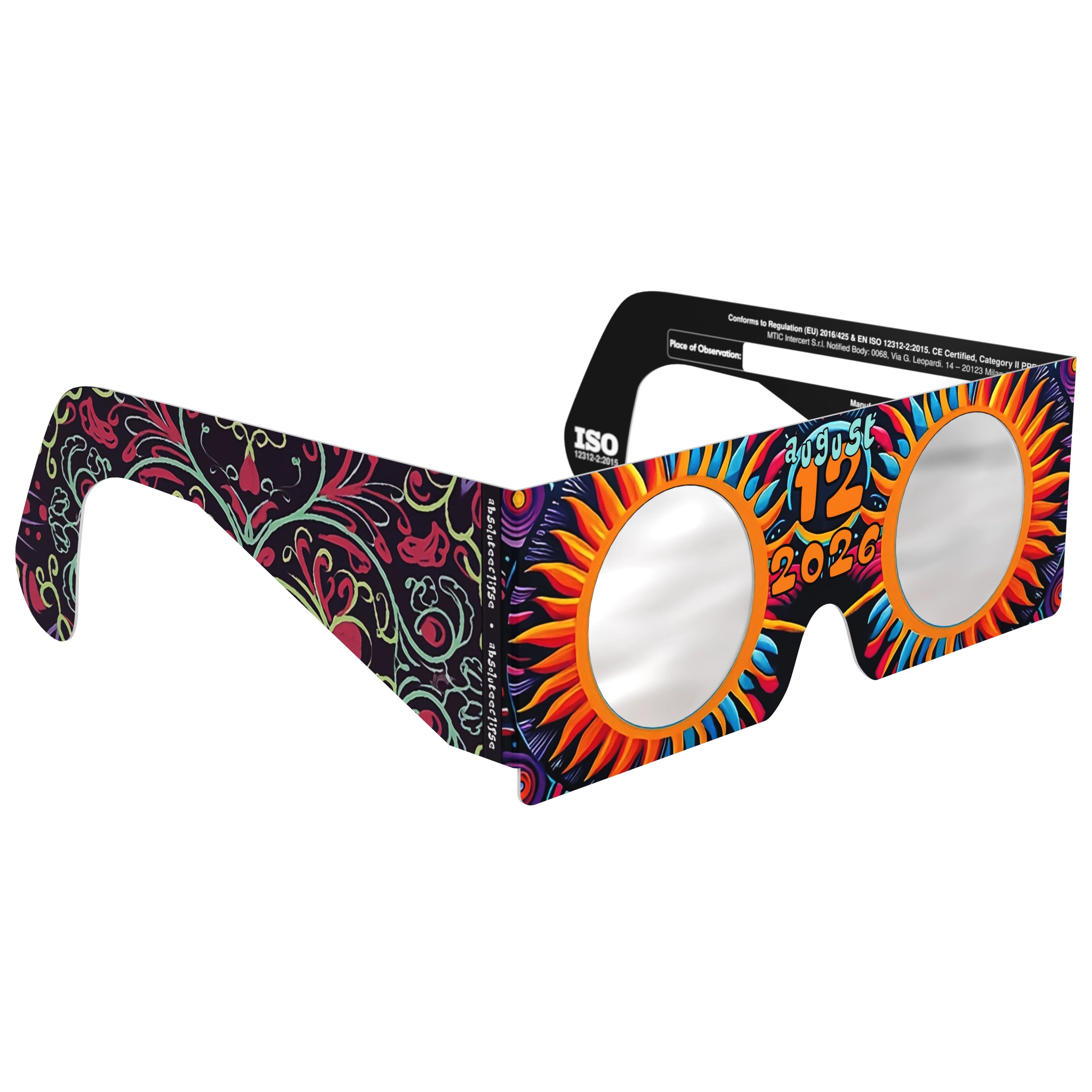 45-degree angle view of Sunburst eclipse glasses, highlighting the bright design and flat lenses. Compliant with EU Regulation.