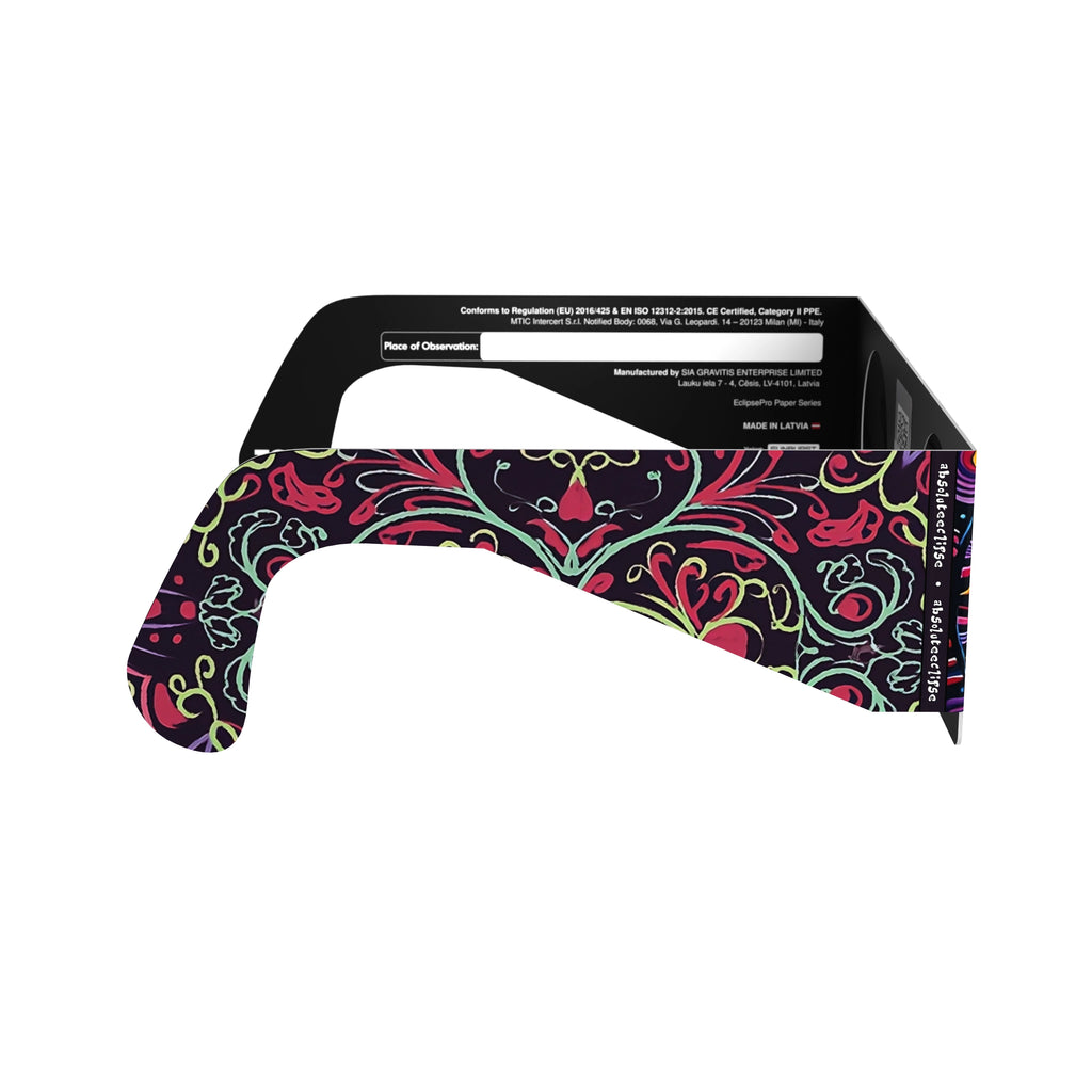 Side profile view of Sunburst solar eclipse glasses, showing the sleek design and flat lenses. CE certified for safe viewing.