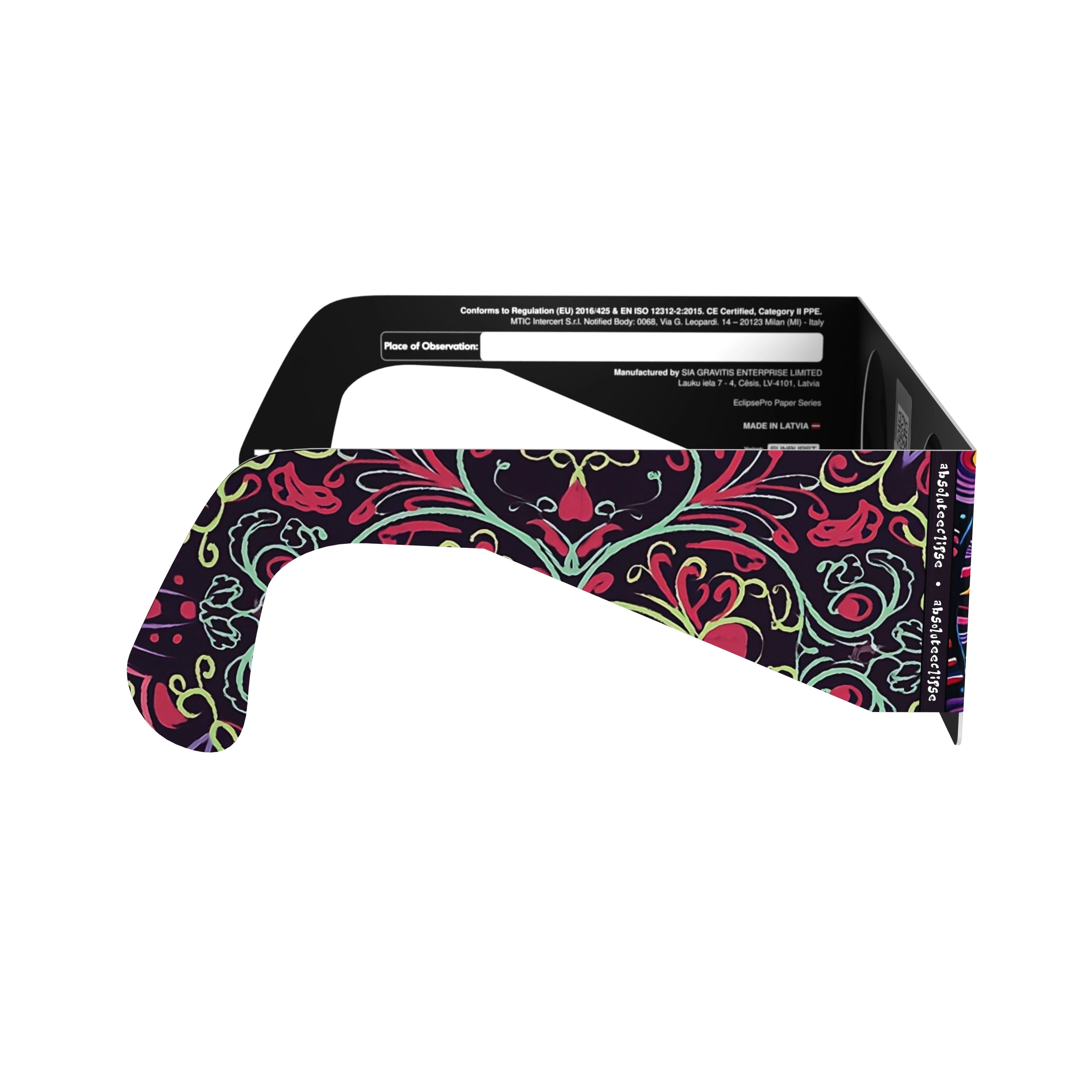 Side profile view of Sunburst solar eclipse glasses, showing the sleek design and flat lenses. CE certified for safe viewing.