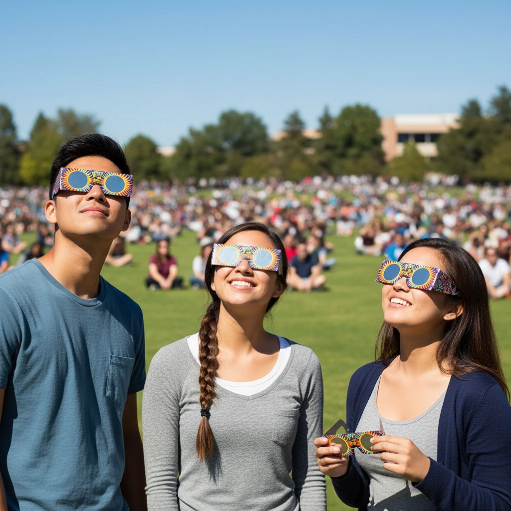 Students at a large public viewing event wearing Sunburst glasses, all gazing upwards in awe. Perfect for the August 12, 2026 eclipse.