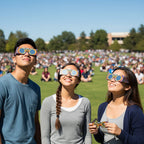 Students at a large public viewing event wearing Sunburst glasses, all gazing upwards in awe. Perfect for the August 12, 2026 eclipse.