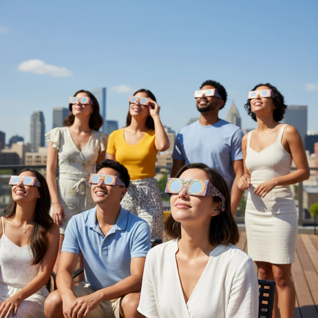Group of friends at a rooftop party wearing Sunburst glasses, looking up in shared wonder. Perfect for safe eclipse viewing.