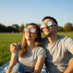 A couple enjoying a sunny day in the park, both wearing Sunburst eclipse glasses while looking up at the sky. Perfect for August 12, 2026.