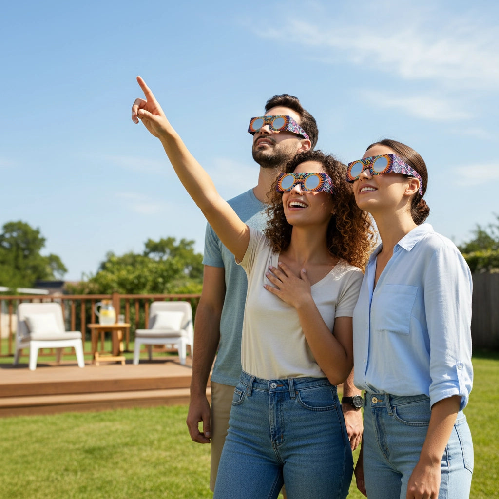 Three friends at a backyard party wearing Sunburst eclipse glasses, gazing up at the sky. Ideal for safe viewing on August 12, 2026.
