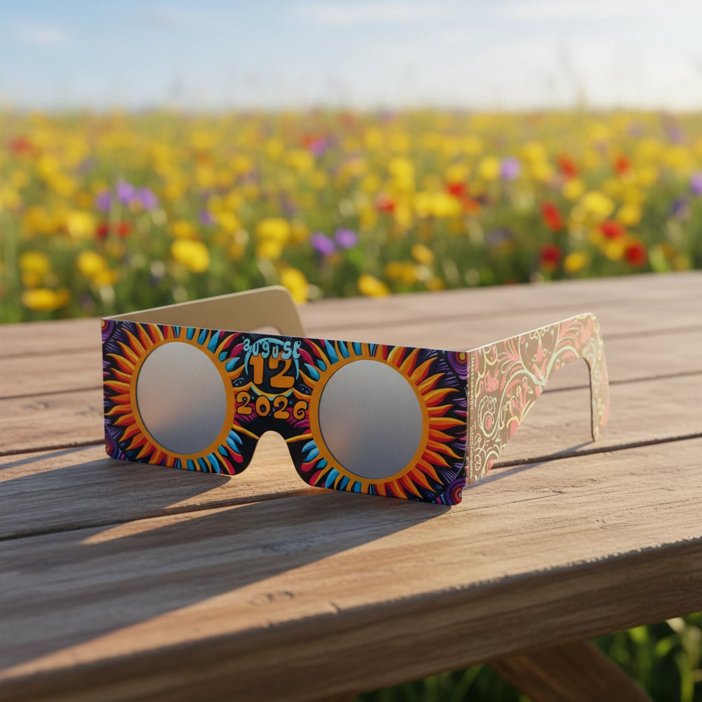 High-detail product photo of Sunburst solar eclipse glasses on a sun-warmed wooden table. CE certified for safe viewing.