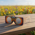 High-detail product photo of Sunburst solar eclipse glasses on a sun-warmed wooden table. CE certified for safe viewing.