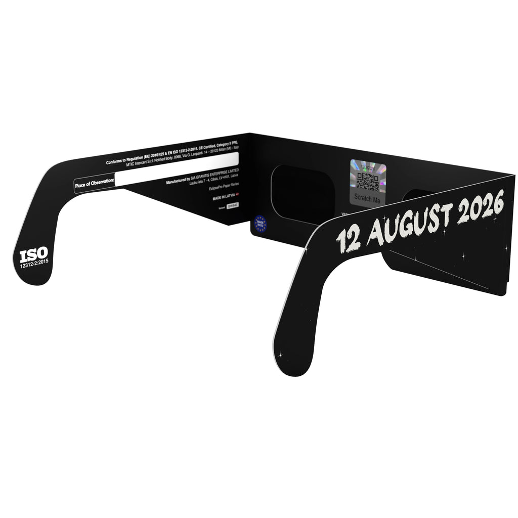 Back-side angle of Swing design glasses, featuring QR authenticity sticker, ideal for safe solar viewing during the eclipse.
