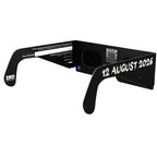 Back-side angle of Swing design glasses, featuring QR authenticity sticker, ideal for safe solar viewing during the eclipse.
