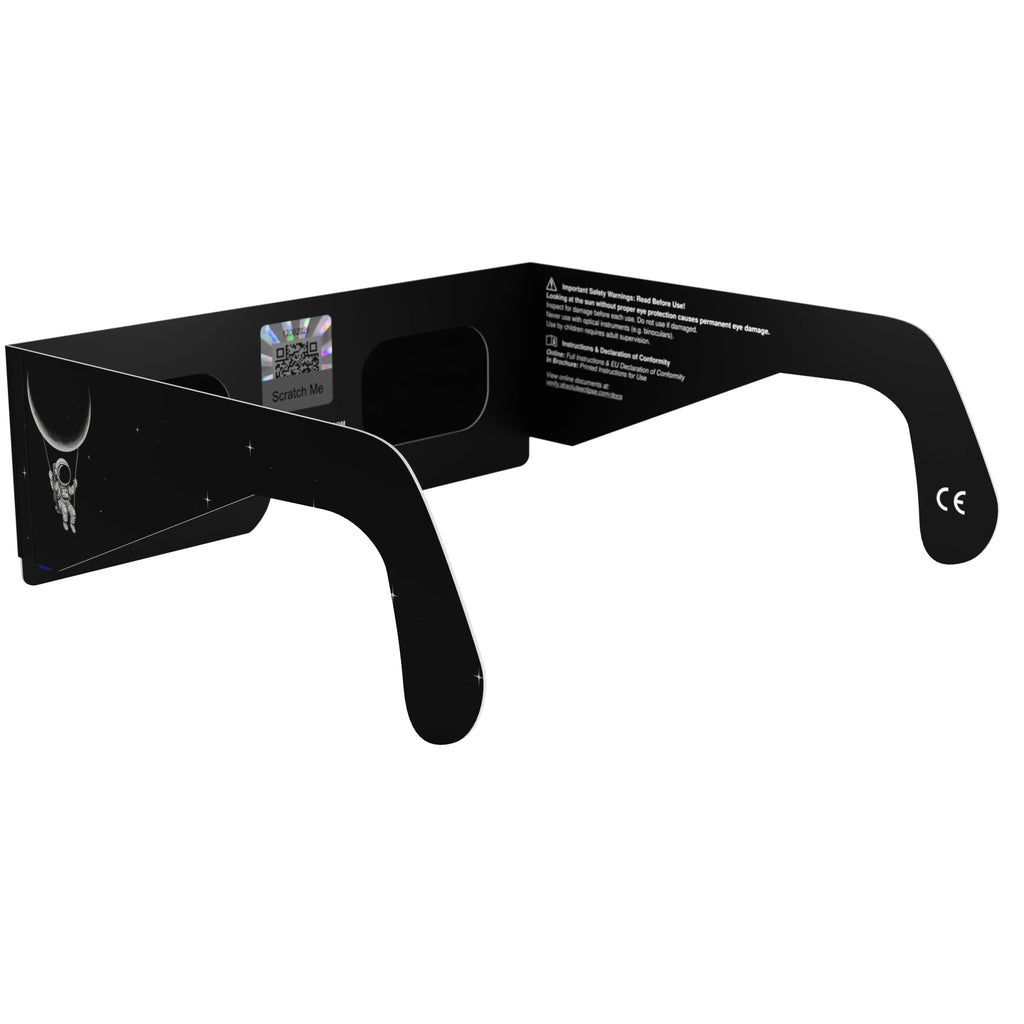 Back-side angle of Swing design glasses, with QR authenticity sticker visible, designed for safe solar viewing experiences.