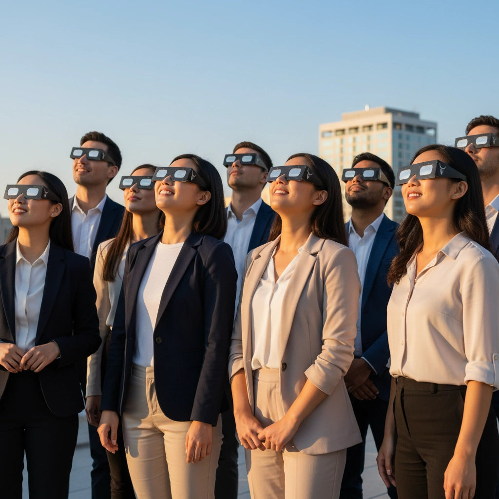 Professionals at a corporate event, wearing Swing eclipse glasses and looking up with expressions of awe on a sunny terrace.