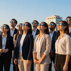 Professionals at a corporate event, wearing Swing eclipse glasses and looking up with expressions of awe on a sunny terrace.