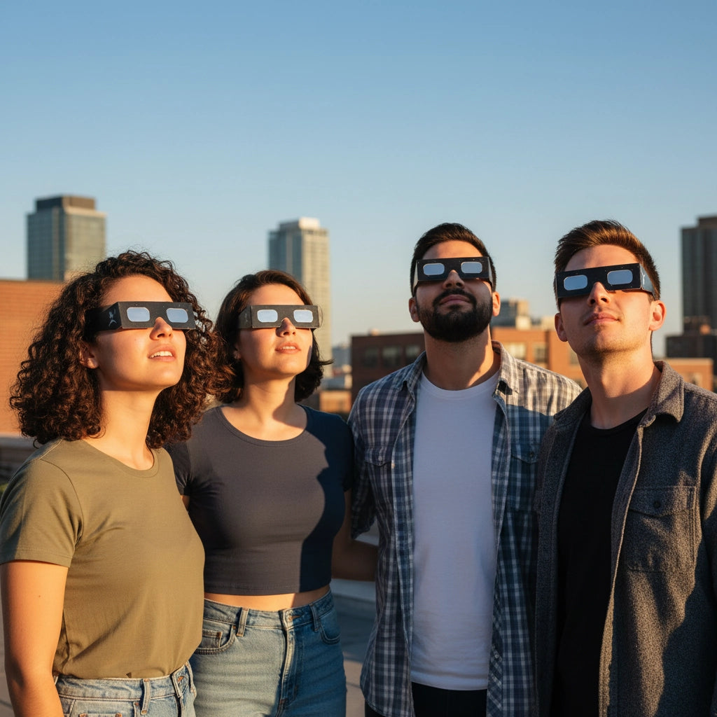 Group of four friends wearing Swing design glasses, looking up in awe at the bright sky during a casual rooftop gathering.