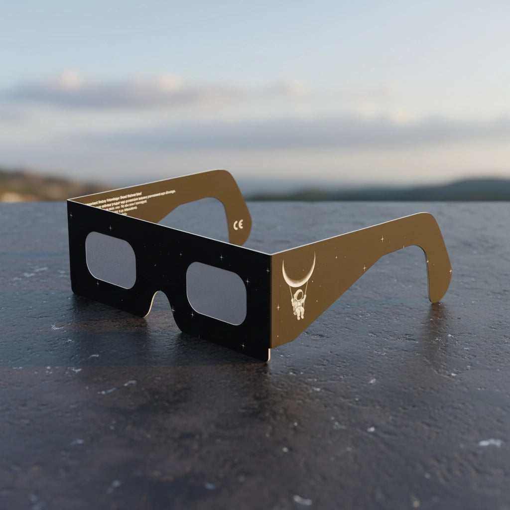 Showcasing Swing design solar eclipse glasses on a dark stone surface, perfect for safe viewing of the August 12, 2026 eclipse.