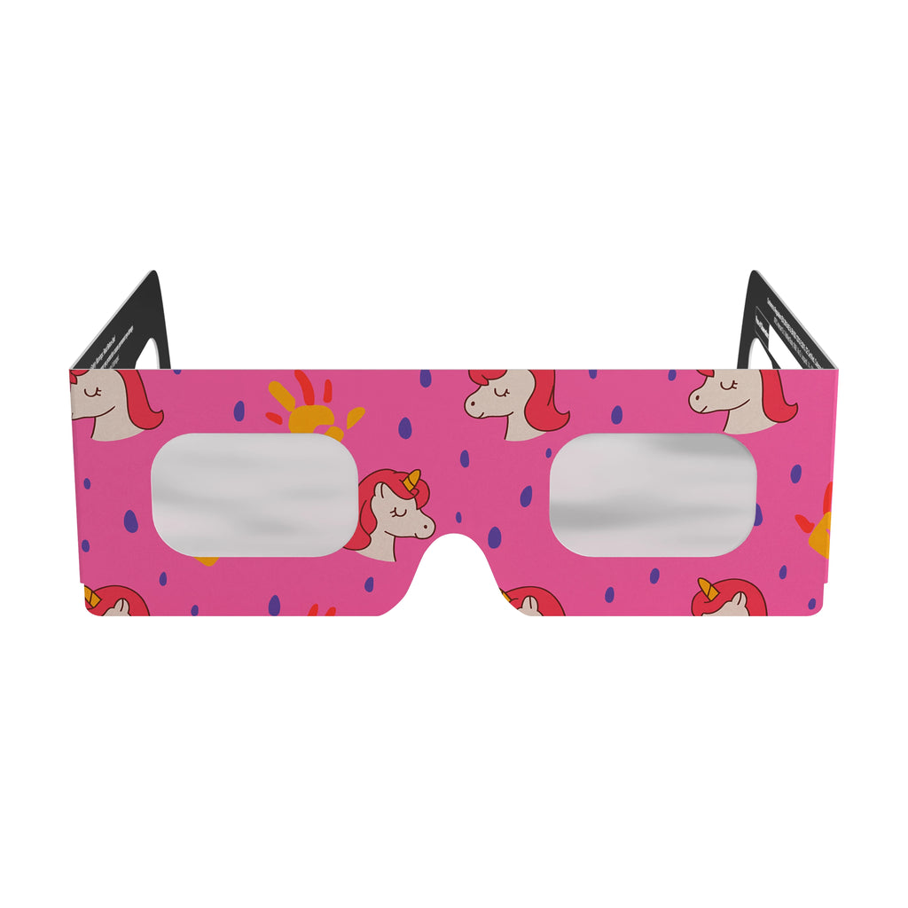 Front view of unicorn eclipse glasses showcasing the magical design. ISO 12312-2 certified for safe solar viewing.
