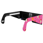 Back-side angle view of unicorn eclipse glasses with QR sticker visible. Meets EN 166 standards for eye protection.