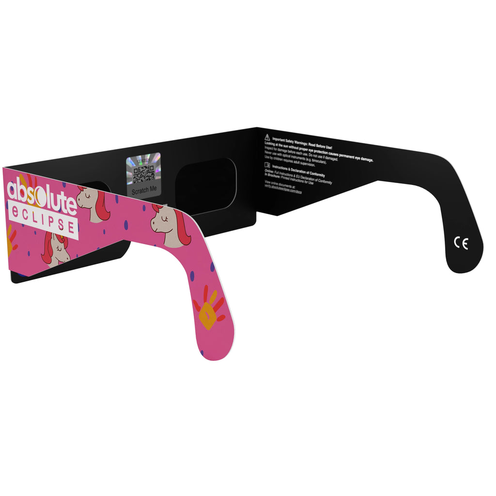 Back-side alternate angle of unicorn eclipse glasses with QR sticker visible. Compliant with ISO 12312-2 safety standards.
