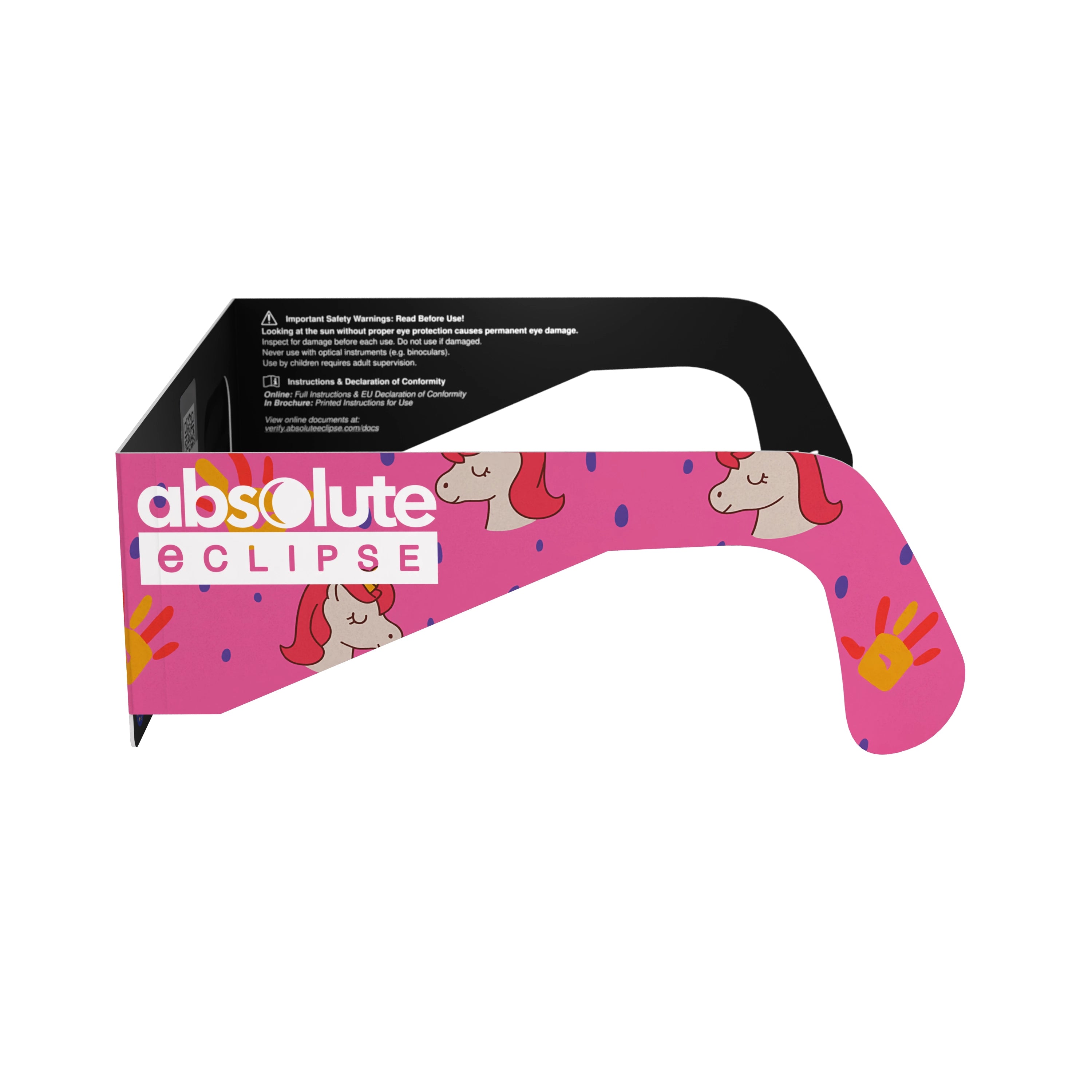 Side alternate profile view of unicorn eclipse glasses, highlighting the magical design. Ideal for safe solar viewing.