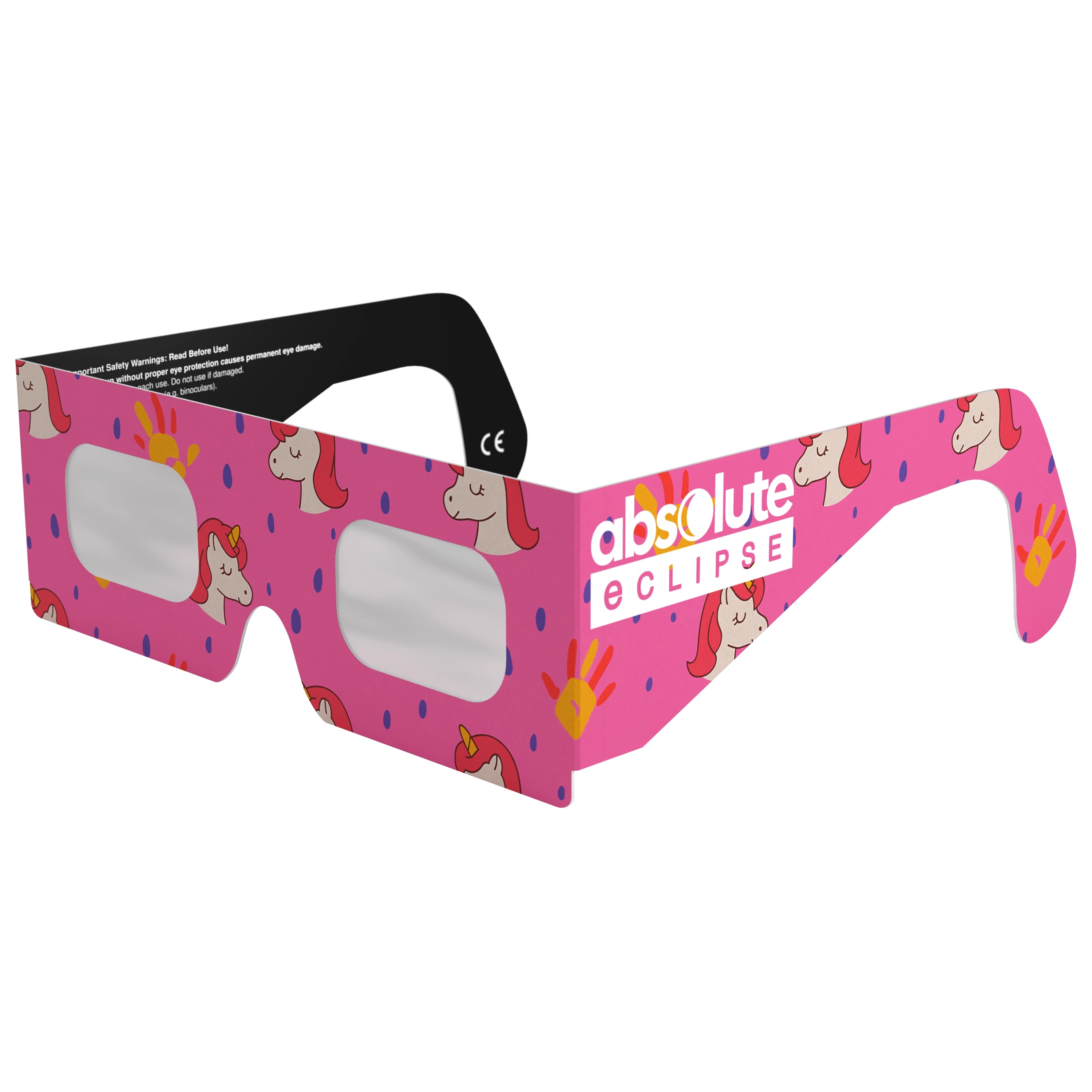 Front-side main angle of unicorn eclipse glasses showcasing the mythical design. ISO 12312-2 certified for safety.