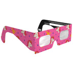 45-degree angle view of unicorn eclipse glasses, featuring their enchanting design. CE certified for safe solar viewing.