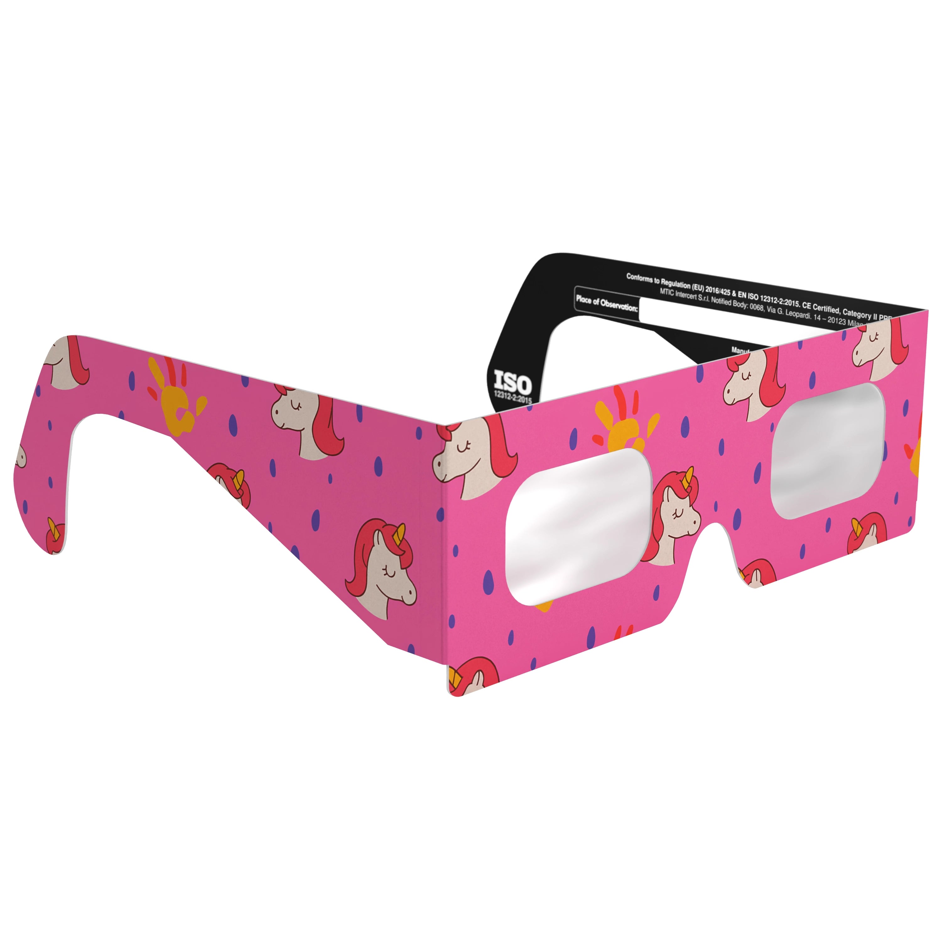 45-degree angle view of unicorn eclipse glasses, featuring their enchanting design. CE certified for safe solar viewing.