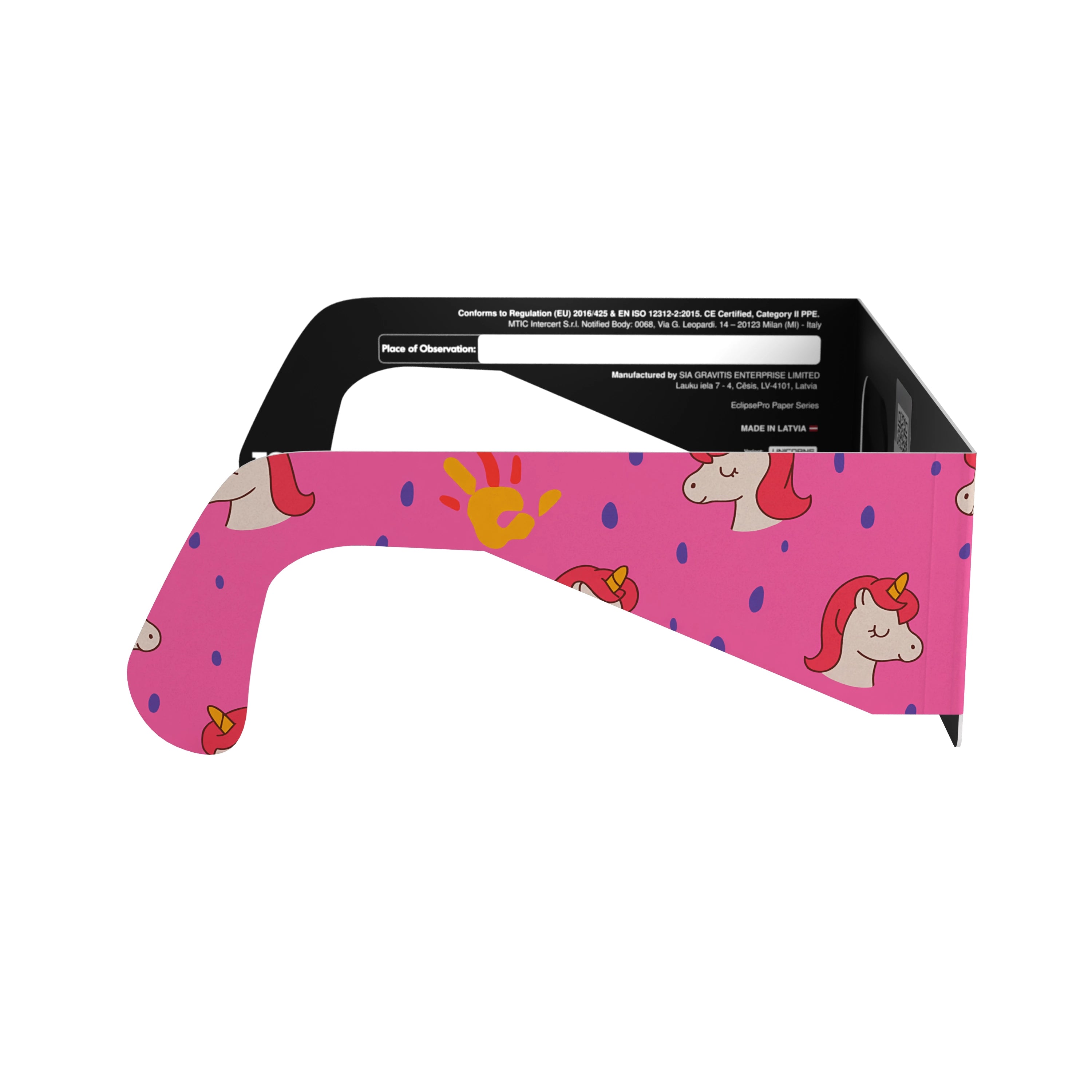 Side profile view of unicorn eclipse glasses displaying the mythical design. ISO 12312-2 compliant for safe use.