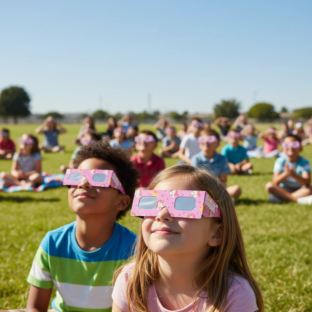 School children and teachers gather on a sunny lawn, all wearing unicorn eclipse glasses, sharing a moment of wonder. Safe for August 12, 2026.