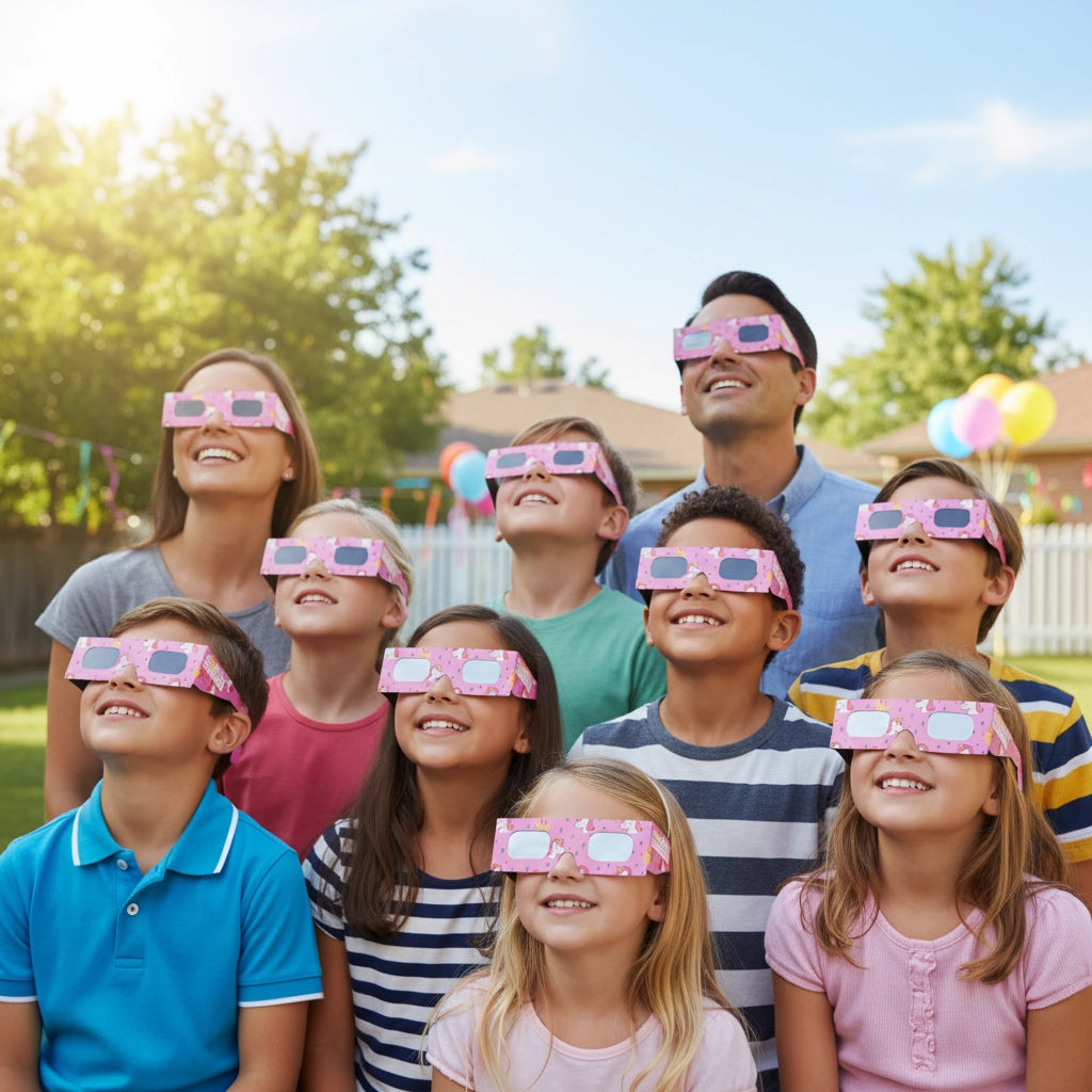 Children at a vibrant birthday party wear unicorn eclipse glasses, captivated by the sky on a sunny afternoon. Perfect for August 12, 2026.