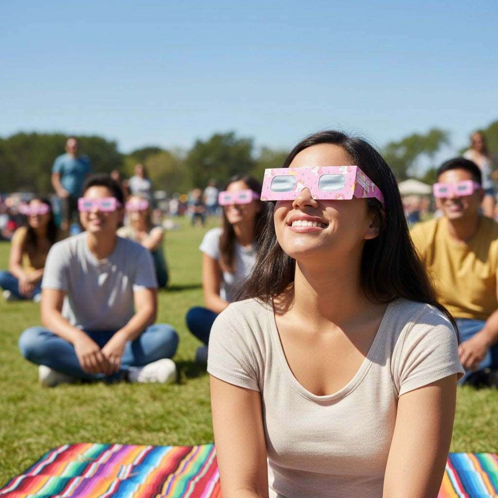 A diverse group at a community festival wears unicorn eclipse glasses, enjoying a sunny day while looking up. Ideal for August 12, 2026.