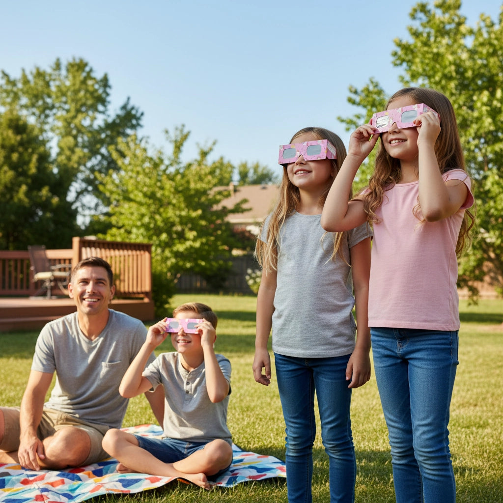 A cheerful family of four enjoys a sunny day in their backyard, wearing unicorn eclipse glasses. Safe viewing for August 12, 2026.