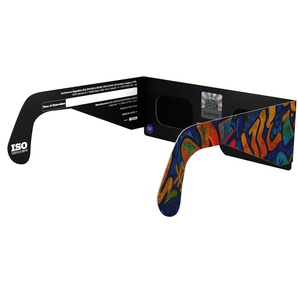 Back-side angled view of urban eclipse glasses, showcasing the lenses and modern aesthetic with QR sticker.