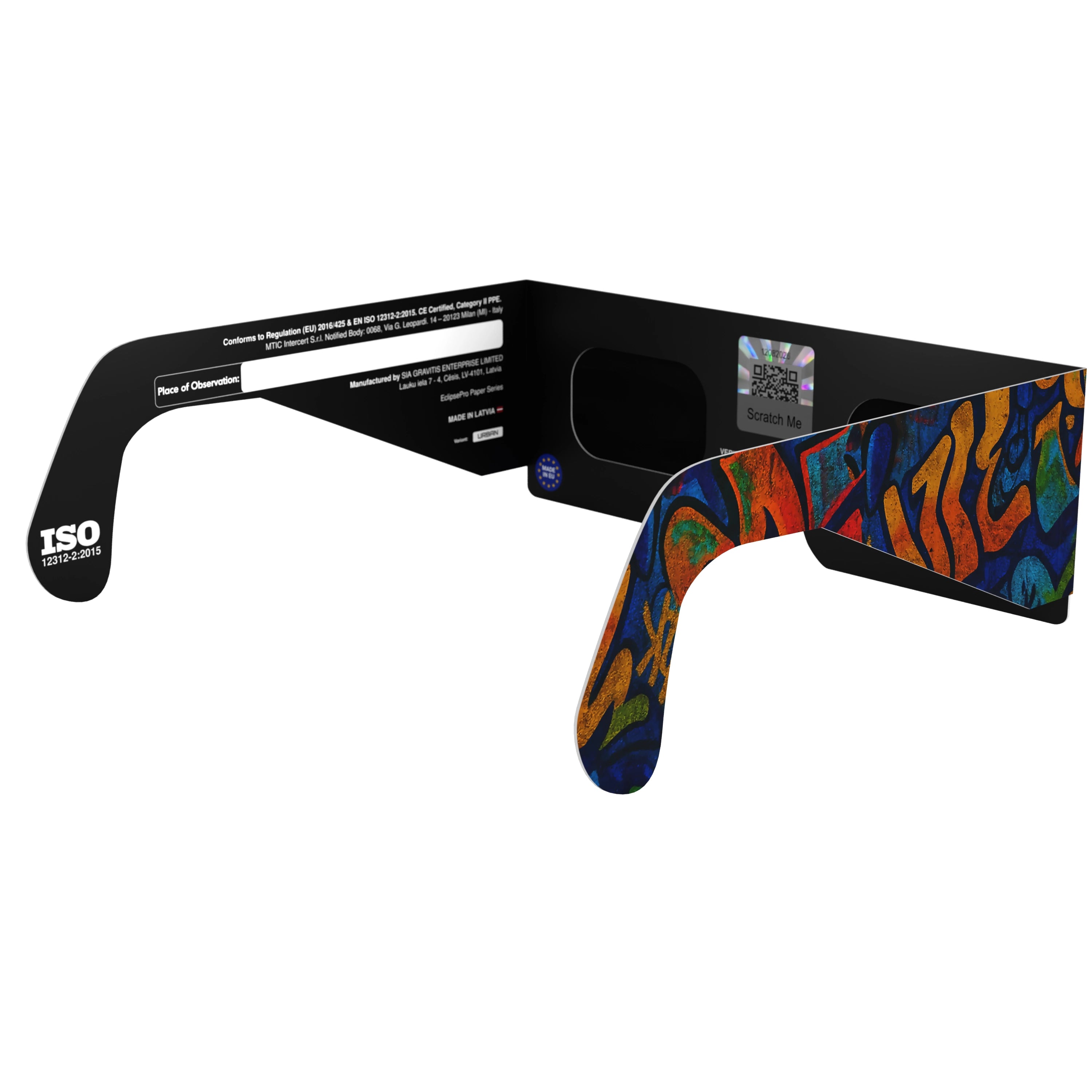 Back-side angled view of urban eclipse glasses, showcasing the lenses and modern aesthetic with QR sticker.