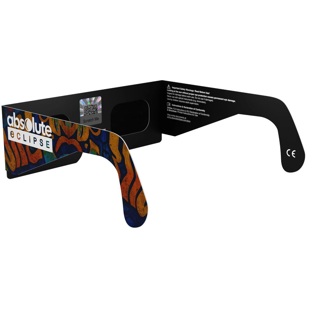 Back-side alternate angle of urban eclipse glasses, highlighting the modern style with QR sticker visible.