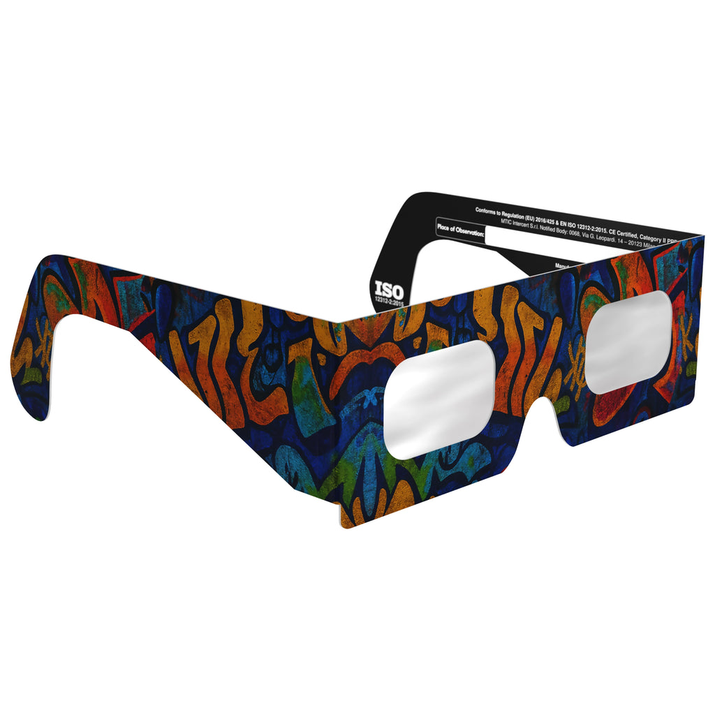 Front-side angled view of urban design eclipse glasses, highlighting lens clarity and sleek style.