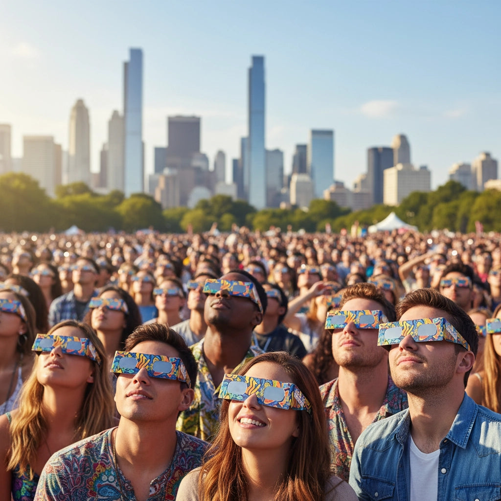 Large diverse crowd at a park wearing eclipse glasses, all looking up in awe at the bright sky. CE marking for safety.