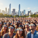 Large diverse crowd at a park wearing eclipse glasses, all looking up in awe at the bright sky. CE marking for safety.