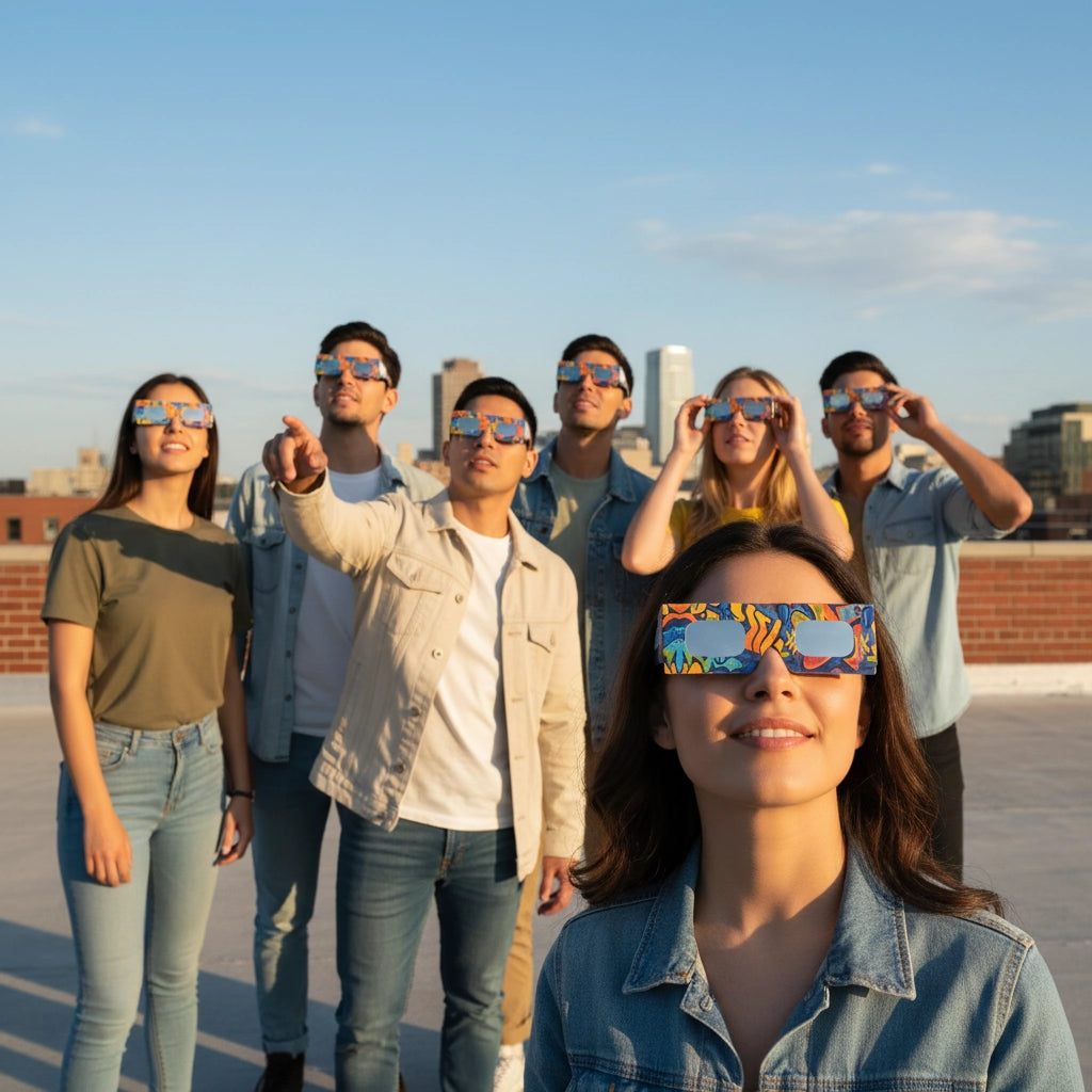 Friends gathered on an urban rooftop wearing eclipse glasses, captivated by the bright sky. CE certified for safe viewing.