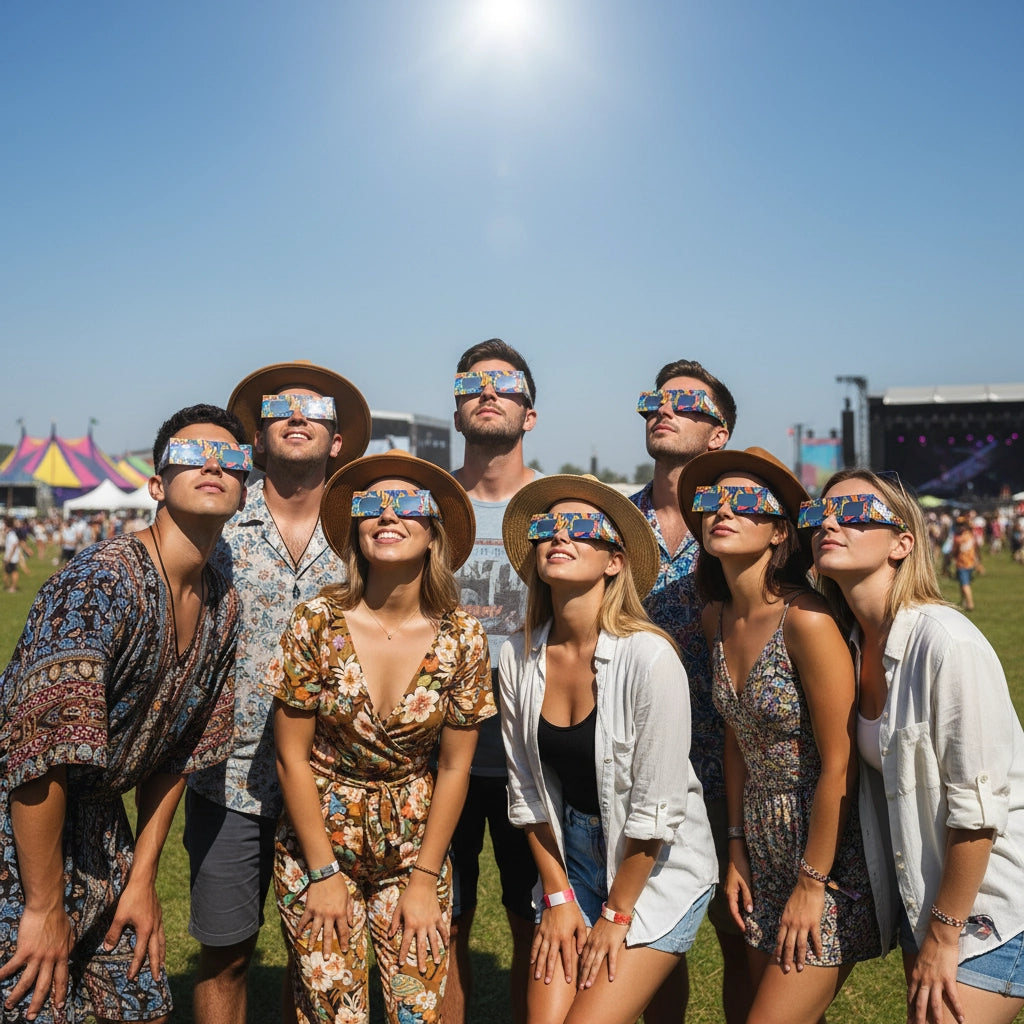 Festival-goers wearing urban eclipse glasses, gazing at the sky in awe during a sunny outdoor event. ISO certified for safety.