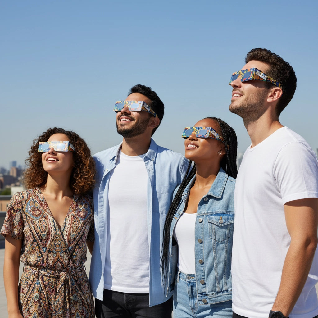 Group of friends enjoying a rooftop view, each wearing urban eclipse glasses while looking up at the bright sky. ISO 12312-2 compliant.