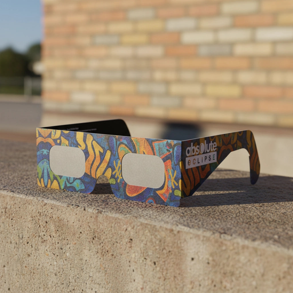 Urban design solar eclipse glasses showcased on a sun-warmed concrete ledge, perfect for safe viewing. ISO 12312-2 certified.