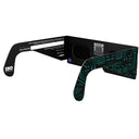 Back-side angle view of Voltage glasses with QR sticker visible, showcasing safety compliance.