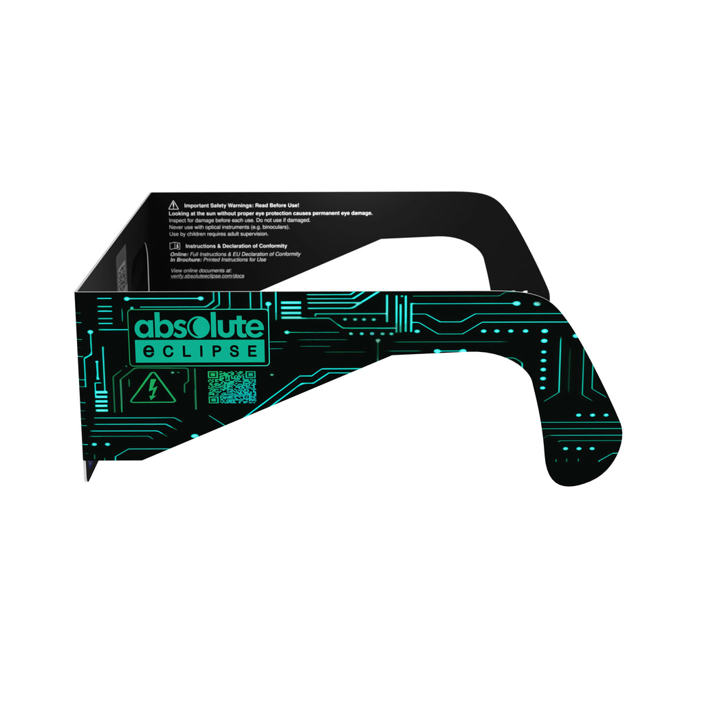 Side alternate profile of Voltage solar eclipse glasses, showcasing sleek lines and safety features.