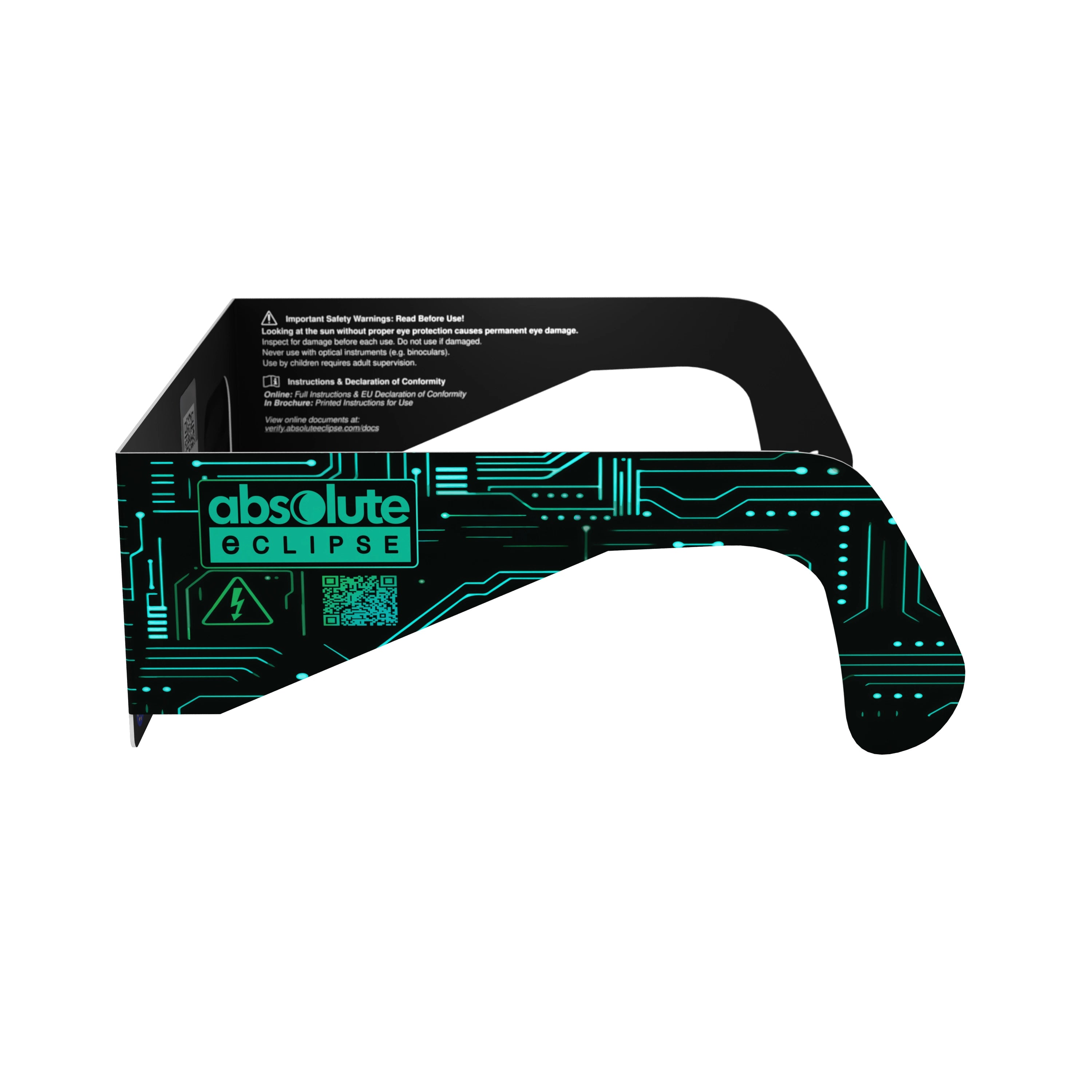 Side alternate profile of Voltage solar eclipse glasses, showcasing sleek lines and safety features.
