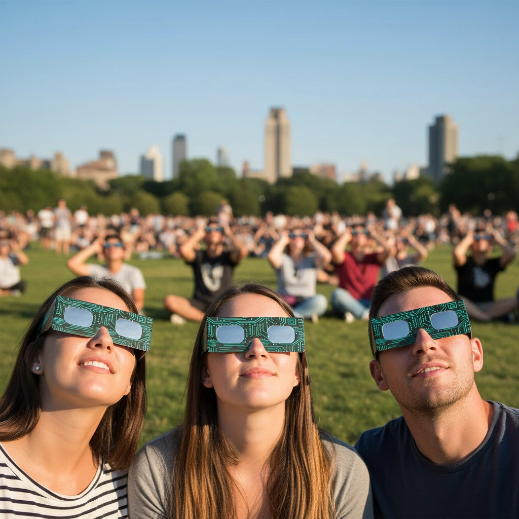 Friends at a public viewing event, all wearing Voltage glasses while looking up, sharing a moment of awe on a sunny day.