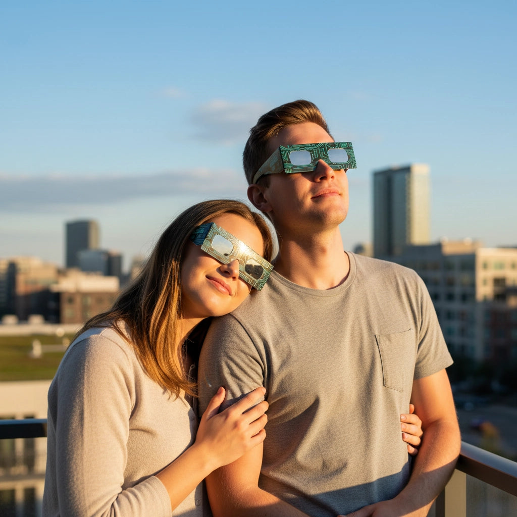 A young couple enjoys a sunny day on their balcony, wearing Voltage eclipse glasses for safety on August 12, 2026.